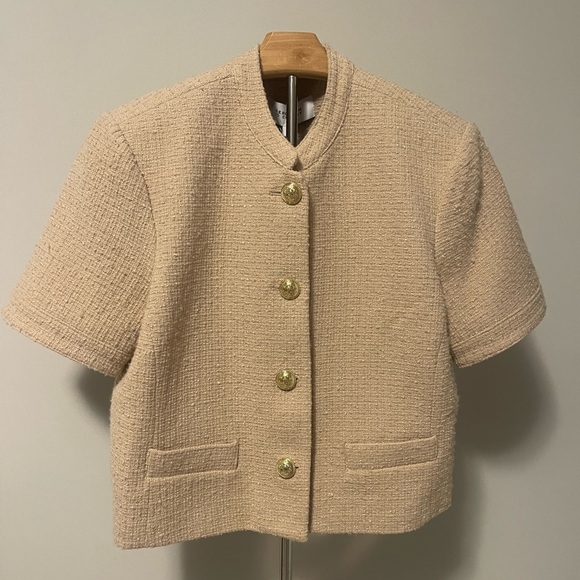 Derek Lam 10 Crosby Tweed Short Sleeve Gold Button Cotton Blend Blazer Jacket - Picture 2 of 9